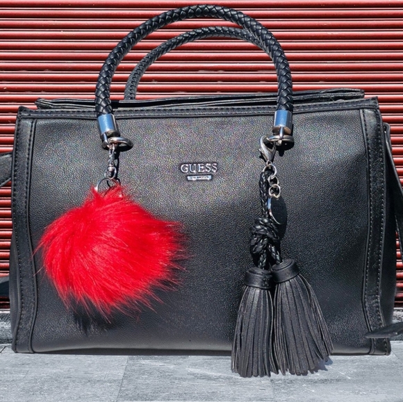 ❌️Sold❌️ Furry Puff Ball Bag Charm & Key Ring - Red/Silver - Picture 1 of 3